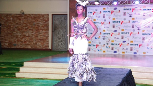 A Ugandan model on the runway at the third annual Uganda Network of Young People Living with HIV pageant  last month. The event aims at encouraging youth to open up and educate others.