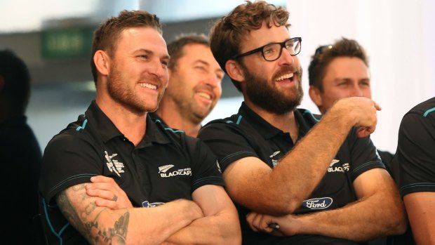 Black Caps captain Brendon McCullum and Daniel Vettori listen to the speeches during a reception to welcome the team back home on Tuesday.