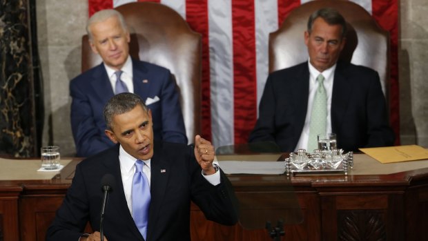 Setting agenda: US President Barack Obama delivering his 2014 State of the Union address as Vice-President Joe Biden (left) and House Speaker John Boehner looked on.