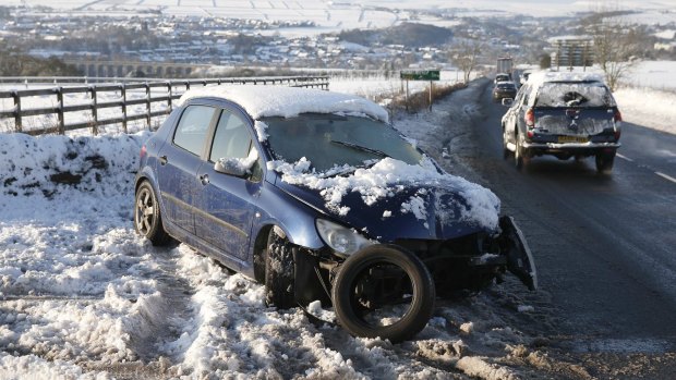 A crashed car near Sheffield in northern England.