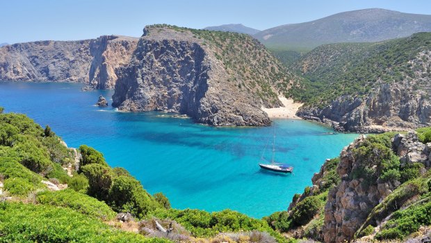 View of Cala Domestica beach, town of Buggerru, Sardinia.