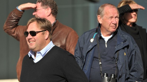 Terry Henderson (right) watches a trackwork session at Werribee with Nick Williams.