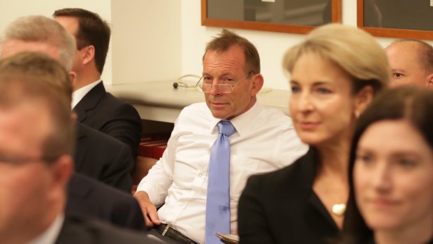 Tony Abbott during the joint party meeting at Parliament House in Canberra.