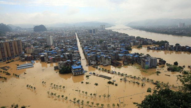 Rongshui in southern China's Guangxi region is submerged in floodwaters.