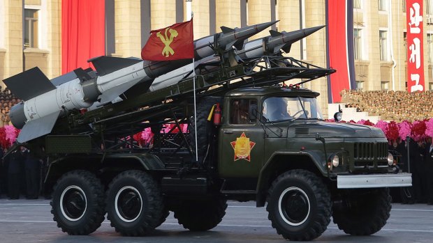 A vehicle loaded with North Korean missiles  on display at a mass rally in Pyongyang's Kim Il-sung Square in 2015.