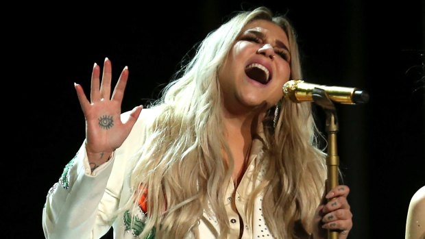 Kesha performing at last month's 60th annual Grammy Awards.
