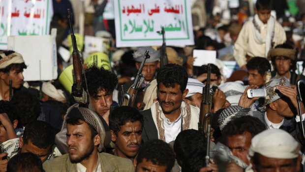 Shiite rebels, known as Houthis, in Sanaa on Saturday. 