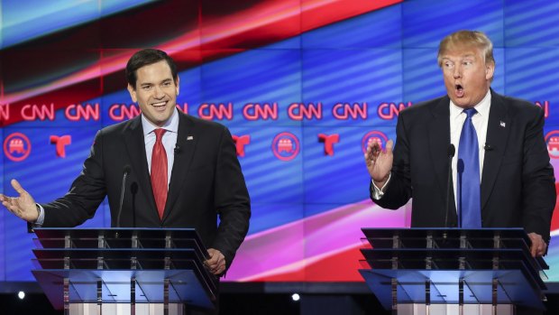 Donald Trump debates Florida Senator Marco Rubio who has endorsed him, prior to being nominated by the Republican party as its presidential candidate.