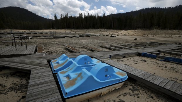 Water shortage ... A dry boat dock sits in Huntington Lake after the water receded, in the High Sierra, California.