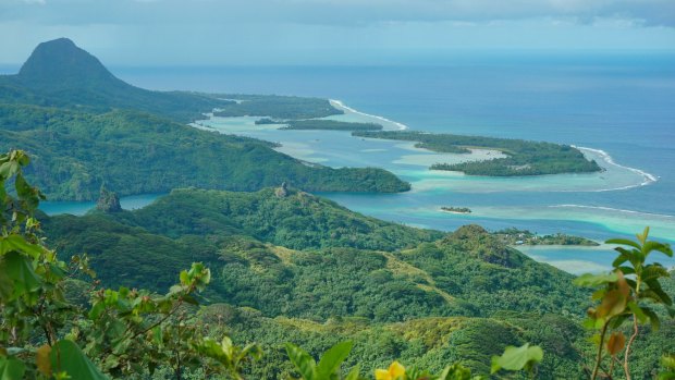 Huahine Island landscape from the mountain Pohue Rahi, French Polynesia.