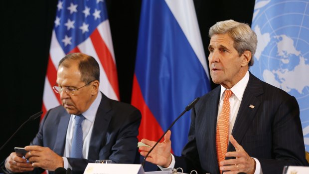 US Secretary of State John Kerry, right, and Russian Foreign Minister Sergey Lavrov at a news conference after the International Syria Support Group meeting in Munich on Friday. 
