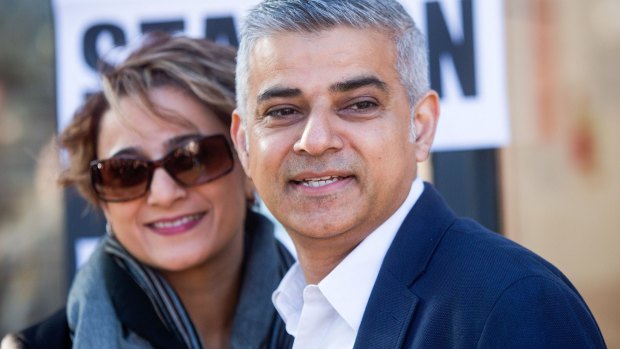 Sadiq Khan, the Labour Party candidate for London mayor, and his wife Saadiya Khan, after voting in the Mayor of London and London Assembly elections on Thursday.