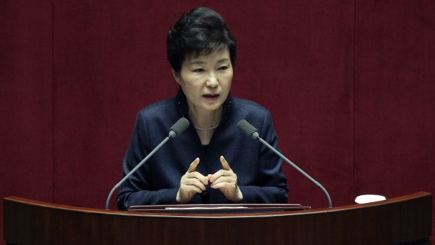 Park Geun-Hye speaks at the National Assembly on February 16 in Seoul.