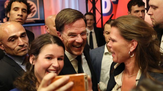 Mark Rutte poses for a selfie with supporters on Wednesday.