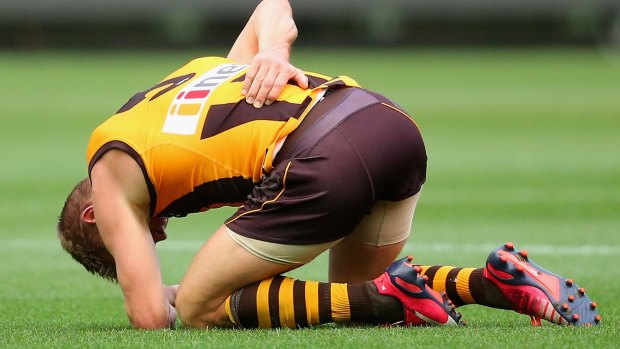 Hawk Sam Mitchell falls to the ground clutching his back after being elbowed by Steve Johnson.