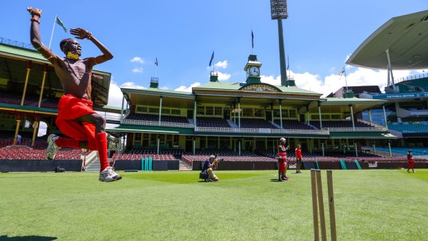 Leap of faith: The Maasai Warriors were introduced to the SCG on Tuesday ahead of this week's Marathon Cricket event.