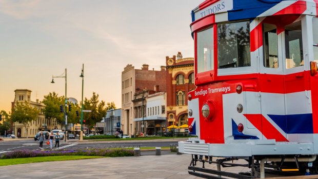 This so-called Royal Tram commemorates the Queen's 1954 visit to Bendigo, when a special tram was decked out in red, white and blue lights.