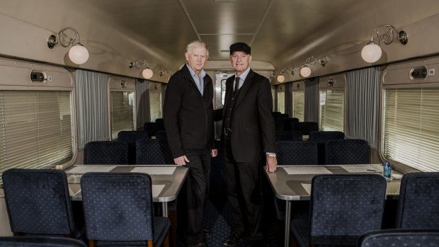 ACT Australian Railway Historical Society members Richard Robinson and Gary Reynolds inside one of the carriages.