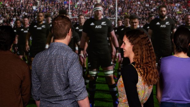 Facing the haka at the All Blacks Experience in Auckland, NZ.