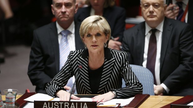 Pushing for a tribunal to prosecute the people who shot down MH17: Foreign Affairs Minister Julie Bishop speaks to members of the Security Council during a UN meeting last year.