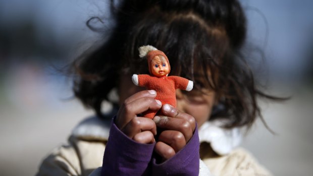 A child in the makeshift refugee camp at the northern Greek border point of Idomeni, Greece, on Saturday.