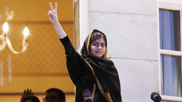 Malala Yousafzai on the balcony of the Grand Hotel in Oslo, where she received her Nobel peace prize.