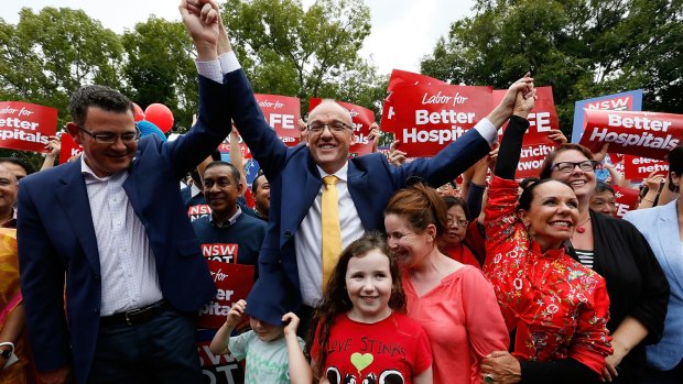 Promising change: Labor leader Luke Foley  attends a Labor rally at Burwood on Sunday with Victorian premier Daniel Andrews and NSW deputy opposition leader Linda Burney.