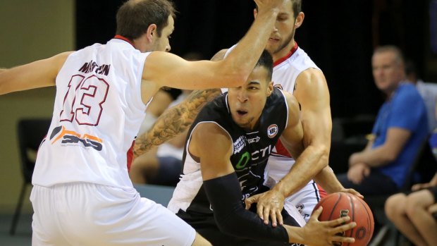 It's a trap: Melbourne United guard Stephen Holt works out of a defensive move by Illawarra Hawks duo Rhys Martin and Tyson Demos. 