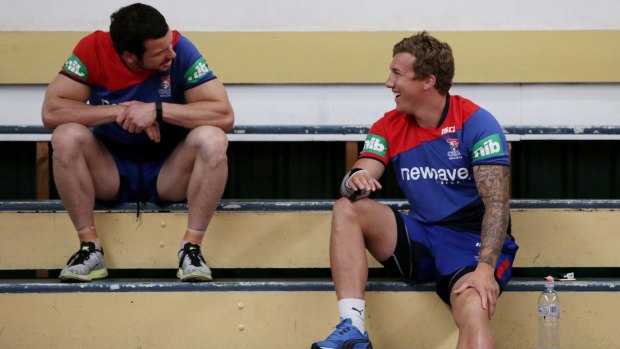 Scrumbase pair: Knights players Jarrod Mullen and Trent Hodkinson at training.