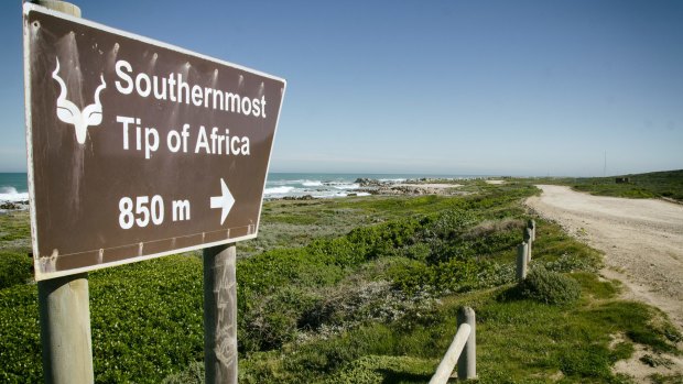 Signpst at Cape Agulhas, South Africa.