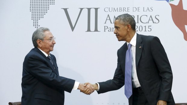 US President Barack Obama shakes hands with Cuba's President Raul Castro as they hold a bilateral meeting in Panama City in April.