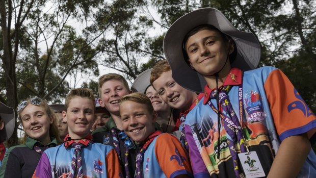 Scouts from the Berwick Central troop in Victoria arrive for the Australian Jamboree in Appin.