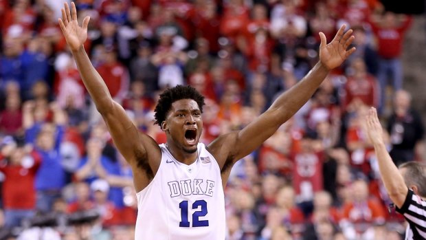 Success: Justise Winslow celebrates after Duke defeated the Wisconsin Badgers during the NCAA Men's Final Four National Championship at Lucas Oil Stadium in April.