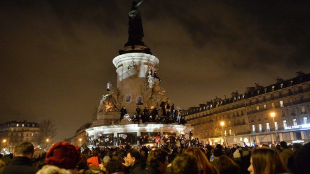 Crowds gather at Place de la Republique (Republic square) in support of the victims of the terrorist attack in Paris.