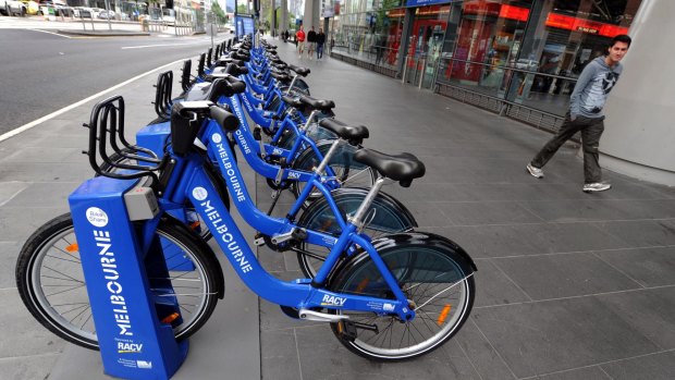 Melbourne Bike Share bikes sitting outside Southern Cross station.