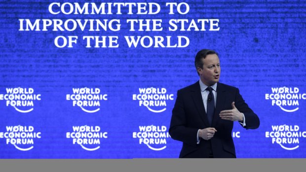 British PM David Cameron at the World Economic Forum (WEF) in Davos, Switzerland, on Thursday. World leaders, influential executives, bankers and policy makers are attending the 46th annual meeting.