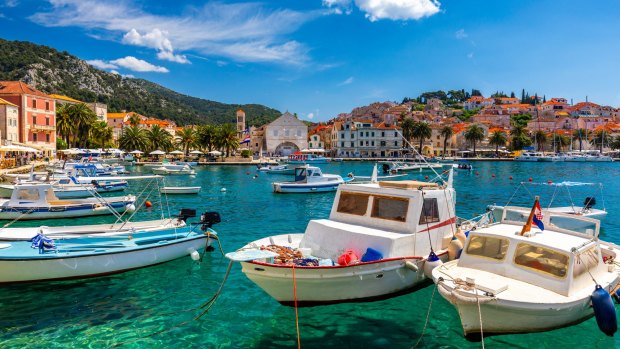 Boats docked in the old Adriatic island town of Hvar, Croatia.