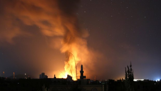 Fire and smoke rise after a Saudi-led airstrike in Sanaa, Yemen on September 17.
