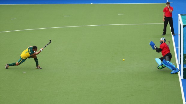 Chris Ciriello converts from the penalty spot to give Australia its fourth goal against India.