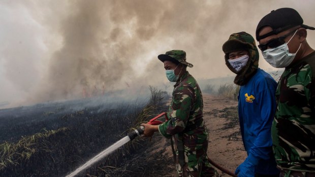 Indonesian soldiers extinguish the fire on burned peatland and fields in Palembang earlier this month.