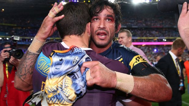 Hold your head up high: Johnathan Thurston had nothing but words of encouragement for Hunt after his horror end to the match. 