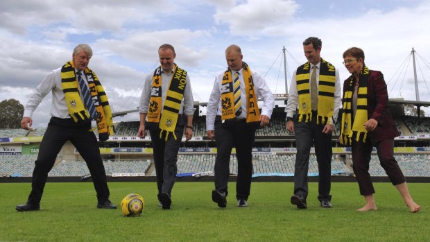 From left: Capital Football president Mark O'Neill, ACT Chief Minister Andrew Barr, Mariners boss Shaun Mielekamp, Phoenix boss David Dome and Wellington mayor Celia Wade-Brown announce an A-League match between the two clubs.