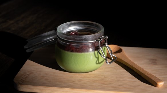 Green tea panna cotta, served in a lidded jar with wooden spoons, has a creamy, earthy taste. 