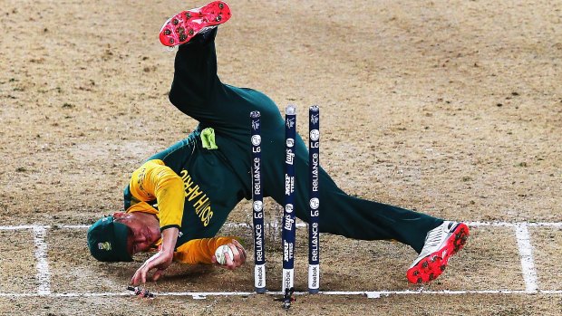 Ungainly:  AB de Villiers made a meal of an attempted run out of Corey Anderson.