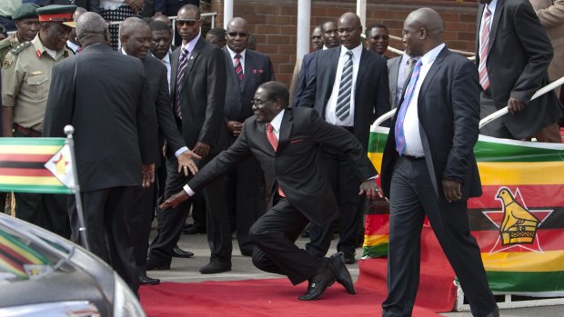 Going: Zimbabwean President Robert Mugabe begins his stumble.