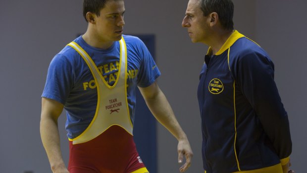 Wrestling brothers: Channing Tatum  and Steve Carell in <i>Foxcatcher</i>.