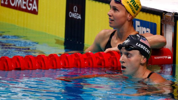 Joint silver medalists Emma McKeon of Australia and Katie Ledecky of the United States.