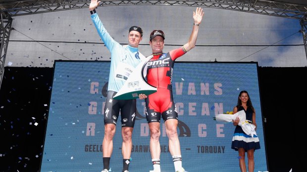 New career: Belgian rider and Extixx-Quick Step team member Gianni Meersman celebrates on stage with Cadel Evans after the Cadel Evans Ocean Road Race.