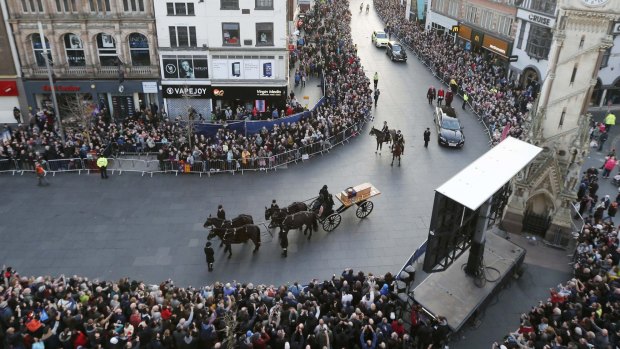 Richard III's coffin on its way to burial at Leicester Cathedral on March 22, 2015. 