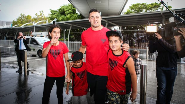 Touchdown: Jarryd Hayne arrived back in Sydney on Wednesday and could play against the Liverpool Legends.